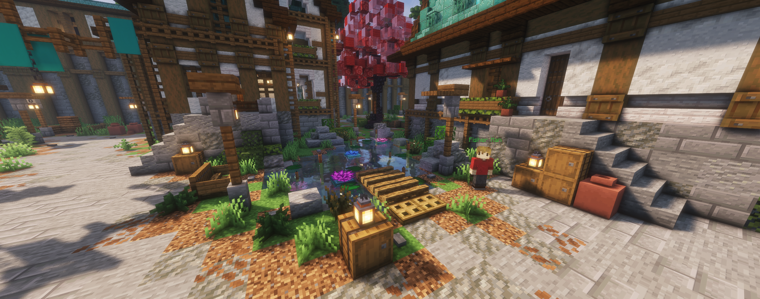 WolfClan courtyard with a pond, lanterns, and timber buildings