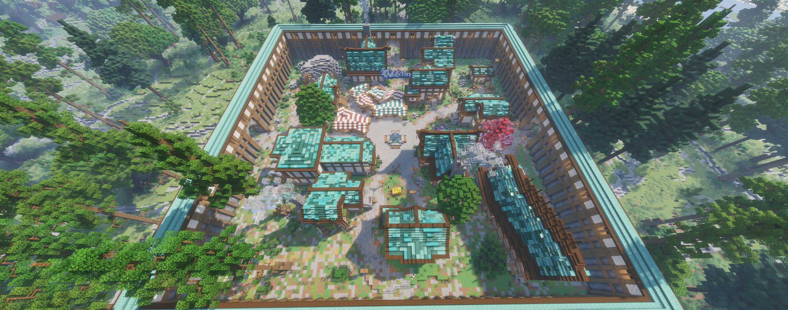 Aerial view of the WolfClan spawn area surrounded by forest