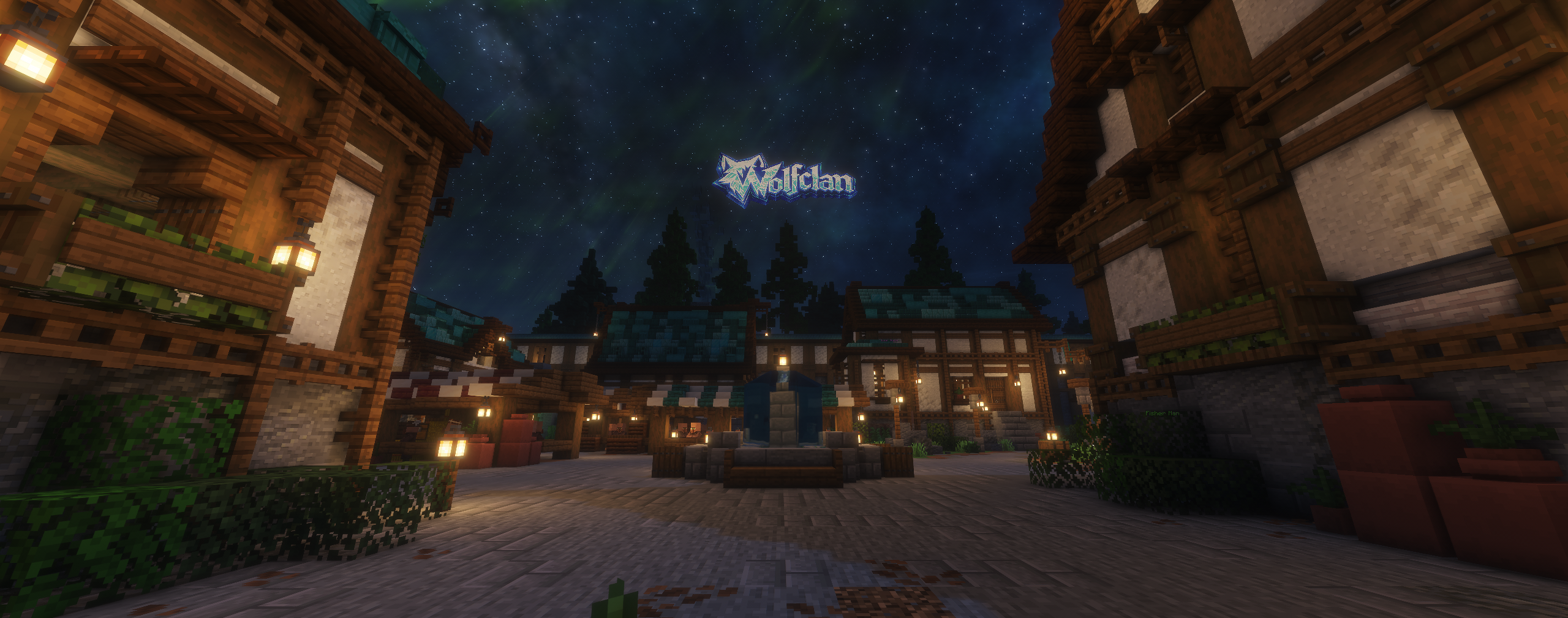 WolfClan spawn village at night with the WolfClan sign in the sky